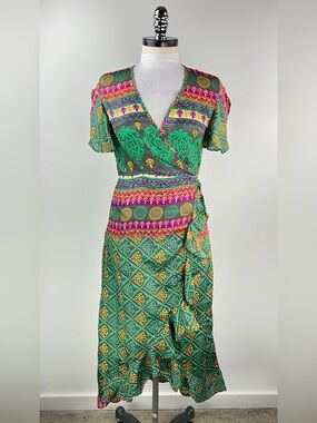 💚 3606. Silk Green Multi-Print Wrap Boho Dress